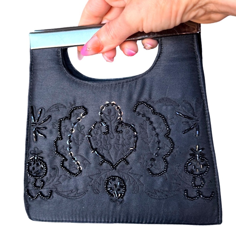 Y2K Beaded Clutch Cadrelli & Co Satin Purse Vintage Handbag 2000s Bag Black